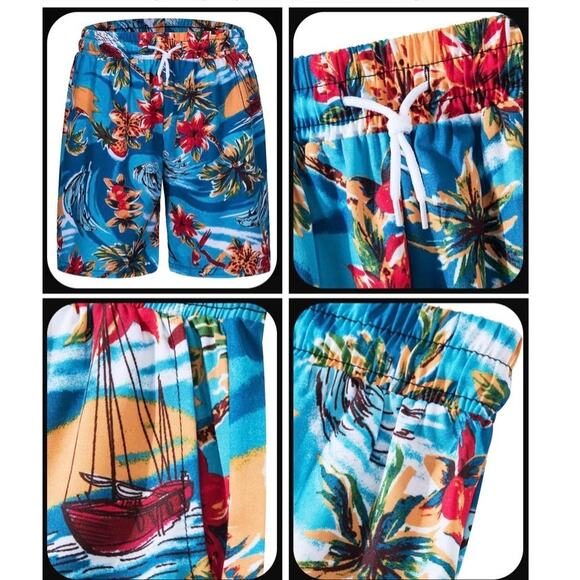 Tunevuse Boys Hawaiian 3pc Cabana Set Shirt Shorts Hat Blue Floral Outfit NEW - Picture 4 of 9